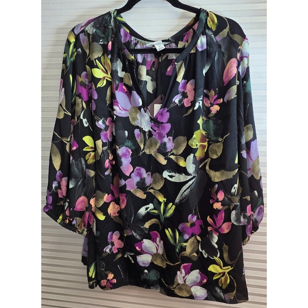 New Ava & Viv Womens Blouse Top Plus Size 2X Black Floral V-Neck 3/4 Sleeves